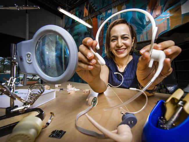 Dr Farzane Ahmadi with her invention the Laronix Voice Box. The device gives those who have lost their vocal cords due to cancer a voice.Picture: NIGEL HALLETT