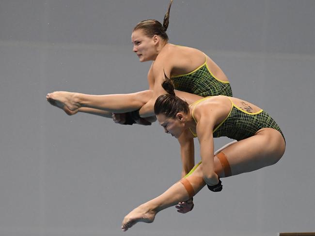 Taneka Kovchenko and Melissa Wu diving together. Picture: Getty Images