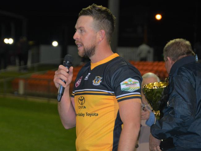 Gatton's captain Haydan Lipp on the mic during the post-match presentations.