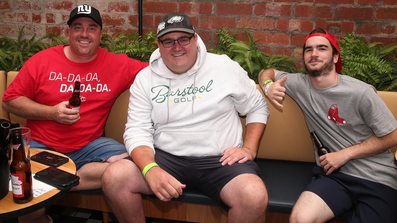 Superbowl fans Clint Fleming, Nathan Sharrock and Brodie Souter at the Sporting Globe. Picture: Alison Wynd