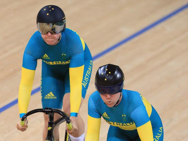 Rio Olympics 2016. Australian Track Cycling team practice at the Velodrome in Olympic Park, Rio de Janeiro, Brazil. Anna Mears, right. Picture: Alex Coppel.