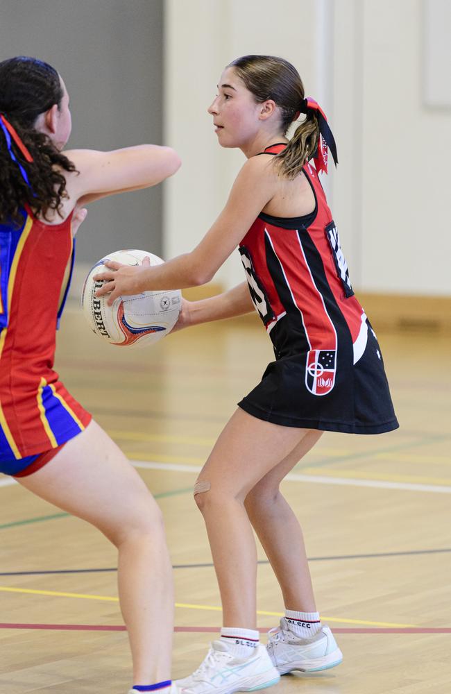 Sienna Bundy of Our Lady of the Southern Cross College, Dalby in the Laura Geitz Cup netball carnival at The Glennie School, Sunday, March 16, 2025. Picture: Kevin Farmer