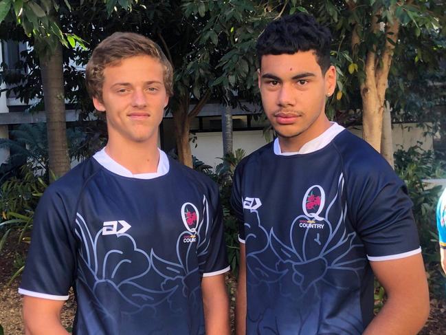 Helensvale Hogs and Queensland Country teammates Noah Fielding (L) and Dimitrius Williams have joined Brisbane Boys' College (BBC) in the GPS Rugby competition. Picture: Supplied