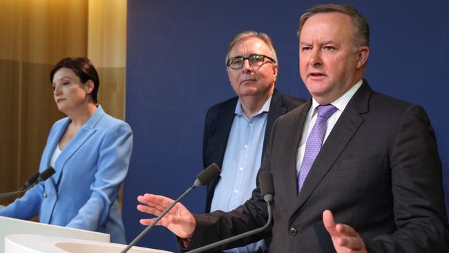 Jodi McKay, left, Michael Lavarch and Anthony Albanese. Picture: Jane Dempster