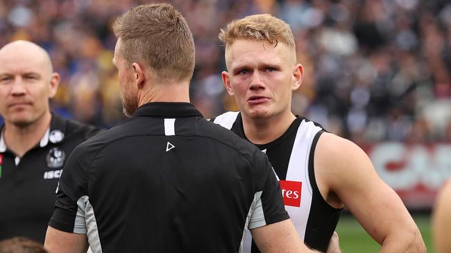 Adam Treloar with Nathan Buckley after the Grand Final. Picture: Phil Hillyard