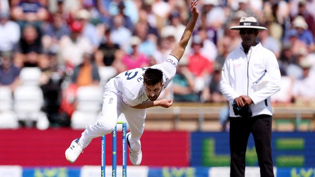 England quick Mark Wood follows through on his way to a five-wicket haul at Headingley. Picture: Getty Images