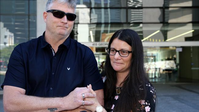 Michael Zanco’s mother Cara Trinder with her husband Paul outside Brisbane Supreme Court following the guilty verdict on Tuesday. Picture: David Clark