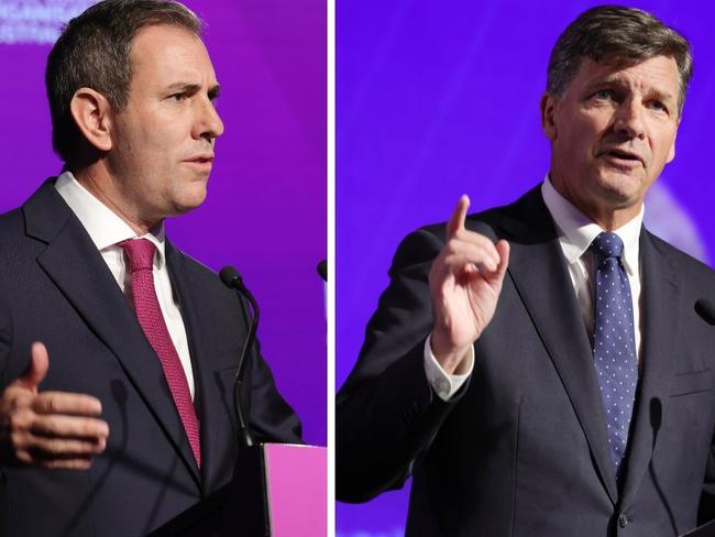 Treasurer Jim Chalmers and shadow treasurer Angus Taylor faced off in a debate before a business audience in Melbourne on Wednesday. Picture: NewsWire