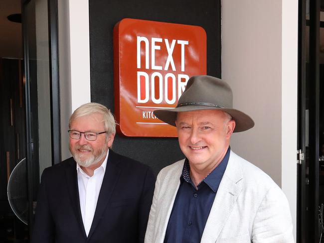 Opposition Leader Anthony Albanese at the Next Door with Kevin Rudd, Former PM, during their tour of Southbank Collective Markets. Photographer: Liam Kidston.