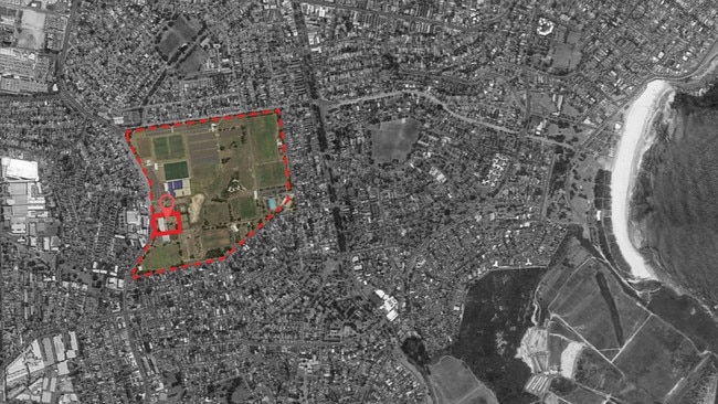 The massive sports complex will be built in the southwest section of Heffron Park, Maroubra (in red).