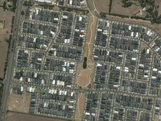 Site of proposed Torquay Transit Corridor. Surf Coast Hwy is on the left, western end of Warralily Blvd top right.