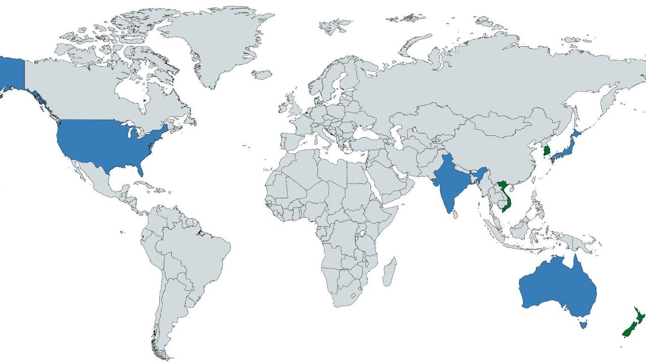 The proposed Quad alliance in blue plus potential extra members in green. Picture: Supplied