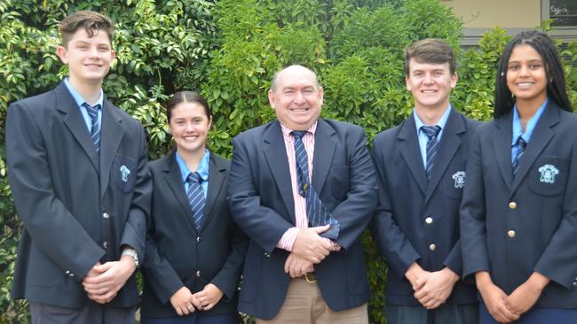 Kingaroy State High School's 2020 student leaders: Toby Schmidt (vice captain), Olivia Eriksen (school captain), Ashley Roediger (principal), Lachlan Hansen (school captain), and Asha Cooper (vice captain).