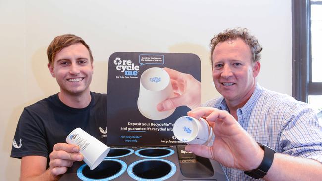 Mike Wells, barista at Veneziano Coffee Roasters and Tom Lunn from Detpak with recycle me cups and collection station at First Pour cafe. Picture: Brenton Edwards/AAP