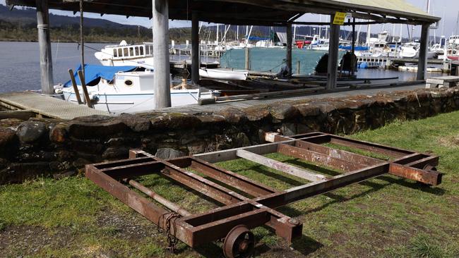 The original trolley of the boat. The Little Blue Boat that was an icon on the Montrose Bay foreshore has been rescued for restoration by the Wooden Boat Centre at Franklin with the aim to take part in the 2025 Australian Wooden Boat Festival in Hobart. Picture: Nikki Davis-Jones