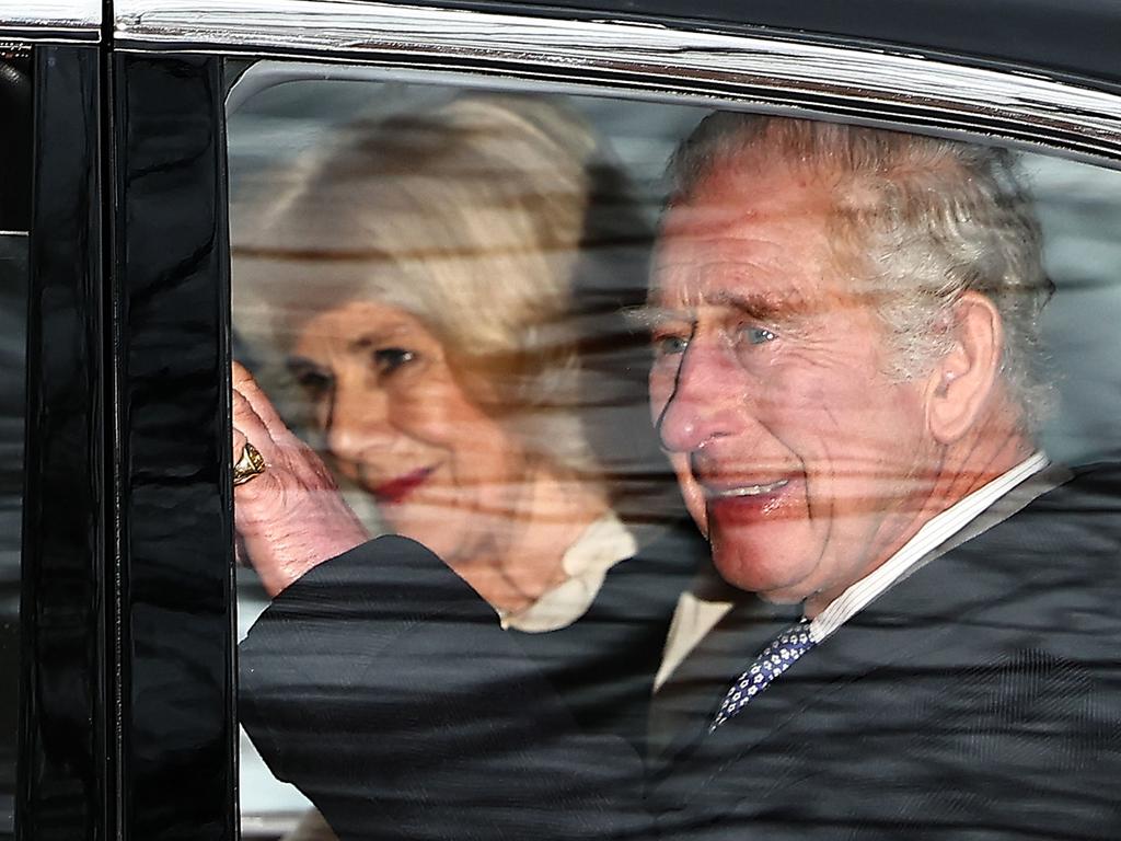 King Charles and Queen Camilla waved to onlookers as the monarch was seen publicly for the first time since being diagnosed with cancer. Picture: AFP