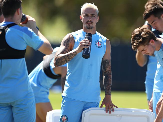 MELBOURNE, AUSTRALIA - NOVEMBER 19: Jamie Maclaren of Melbourne City looks on during a Melbourne Victory A-League training session at City Football on November 19, 2020 in Melbourne, Australia. (Photo by Robert Cianflone/Getty Images)