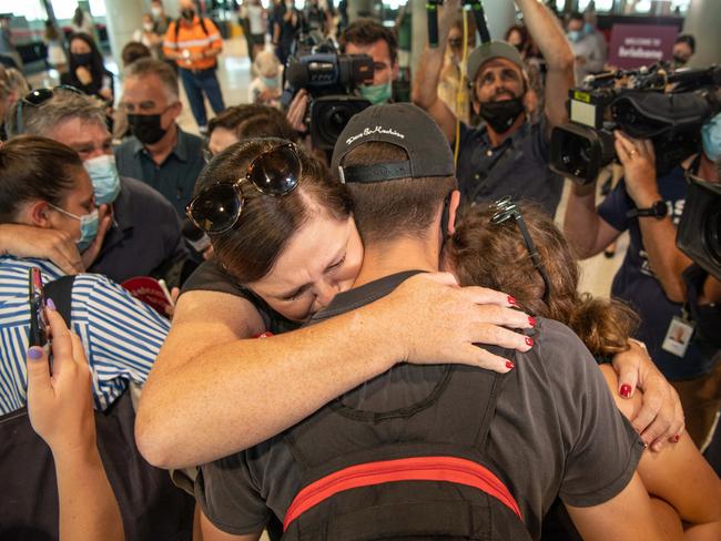 There were emotional scenes at Brisbane Airport on Monday as families and friends were reunited after months of separation. Picture: Brad Fleet