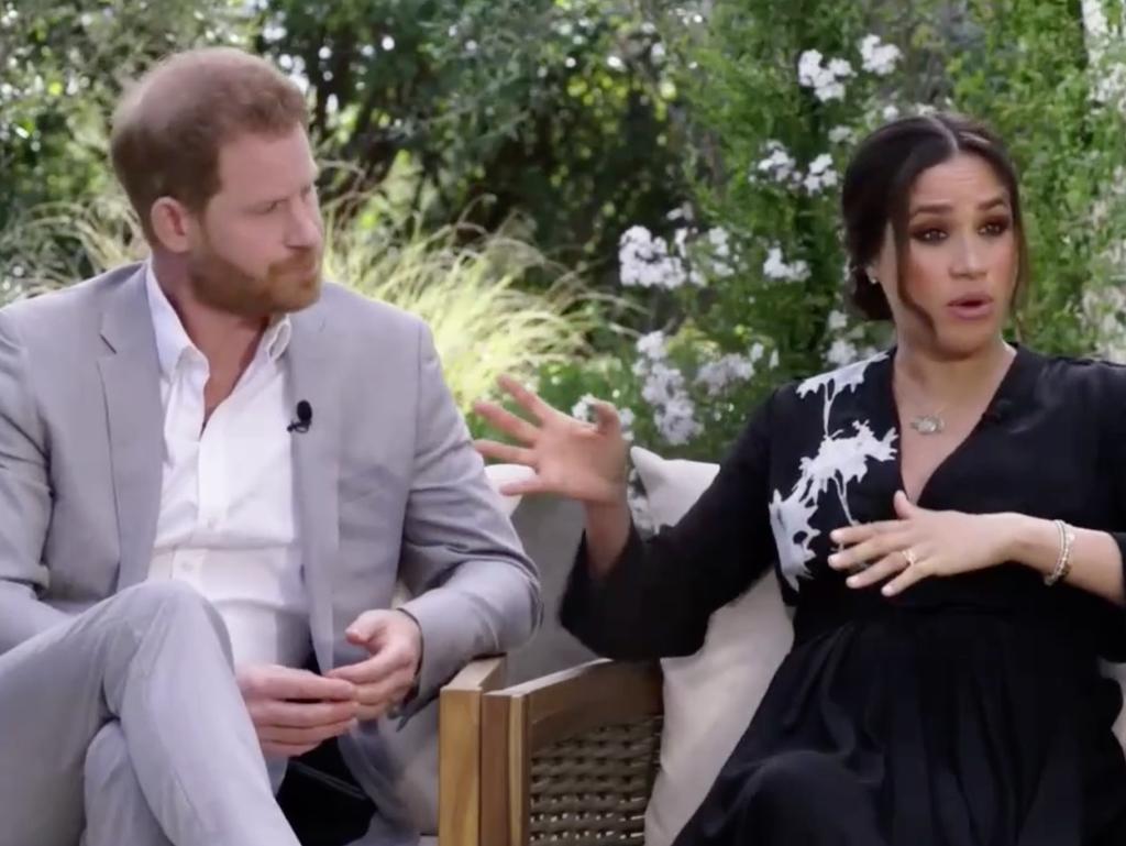 Harry and Meghan during interview with Oprah Winfrey. Picture: CBS