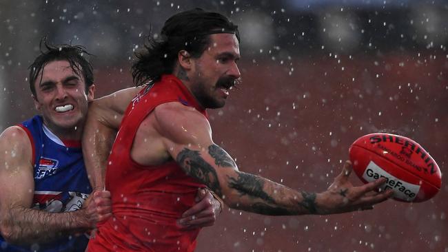 Port Melbourne Colt Chris Deluca takes the ball with one paw in Sunday’s elimination final. Picture: Andy Brownbill