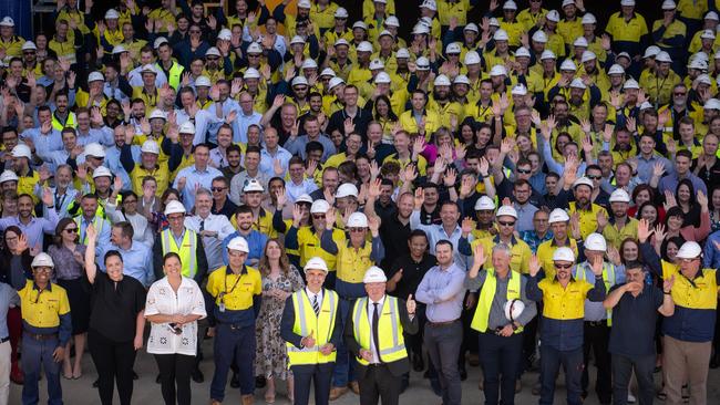 Premier Peter Malinauskas with BAE Systems Australia’s managing director (maritime) Craig Lockhart and workers on the Hunter Class frigate project at the Osborne Naval Shipyard, in November, 2023. Photo: Naomi Jellicoe