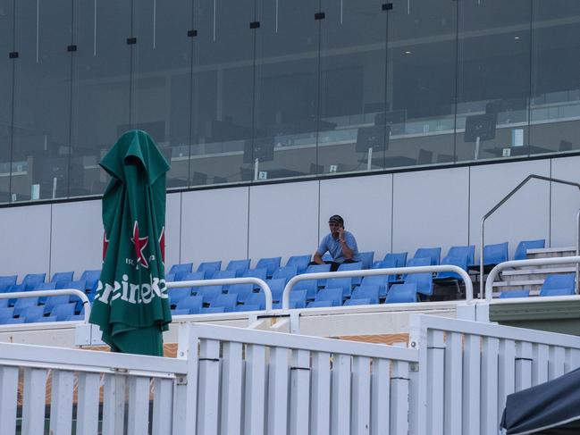 Toby Edmonds watches on in an otherwise empty stand as his horse Jetty wins the QTIS Two-Years-Old Handicap (1200m) at the Gold Coast Turf Club on April 17, 2020. Picture credit: Greg Irvine, Magic Millions.