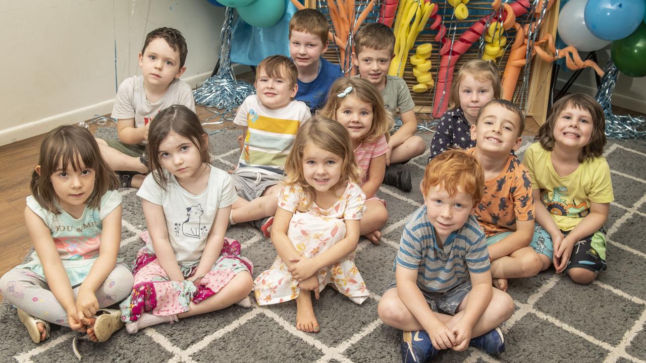 (back from left) Riley Briese, Austin Strong and Lila Charles. (middle from left) Raiden Willett, Oliver Randell, Brooklyn Fry, Lucas Maloney and Dominic Becken. (front from left) Claire Lindfors, Charlotte Wrench, Indiana Fry, Bentley Smit. LEAD Childcare Toowoomba. Friday, December 3, 2021. Picture: Nev Madsen.