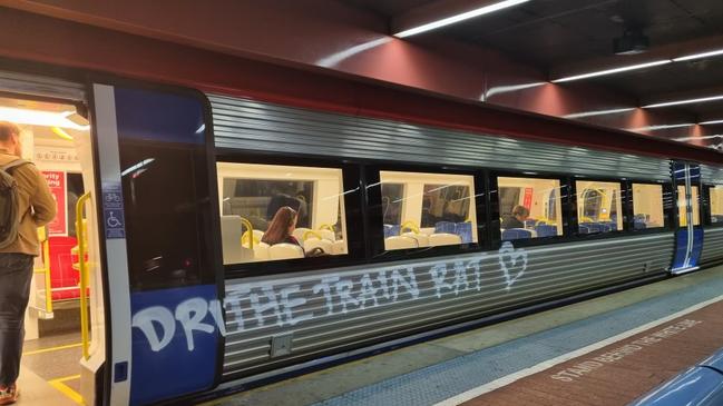 An Adelaide Metro train has been vandalised with profanities ahead of planned strike action. Picture: Supplied