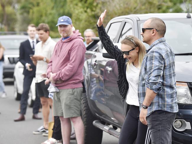 Winning bidders Tash and Mick Horbury celebrate their win. The auction of 19 Crofton St, Geelong West, on Saturday morning. Picture: Alan Barber