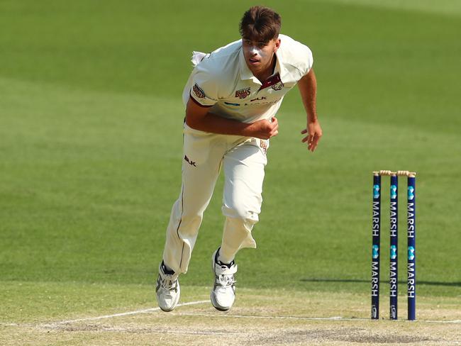 Xavier Bartlett took 3-33 in the second innings of Queensland’s Sheffield Shield clash with South Australia. Picture: Chris Hyde/Getty Images