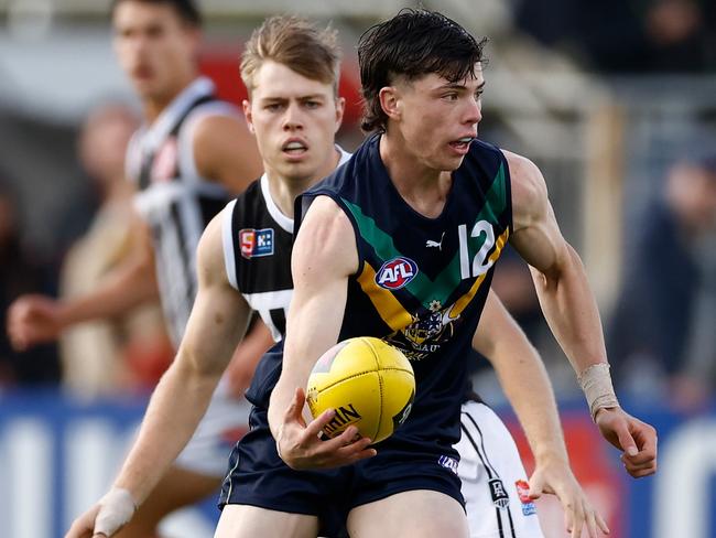 ADELAIDE, AUSTRALIA - APRIL 15: Darcy Wilson of the AFL Academy in action during the match between the AFL Academy and Port Adelaide Magpies at Summit Sports Park on April 15, 2023 in Adelaide, Australia. (Photo by Michael Willson/AFL Photos via Getty Images)