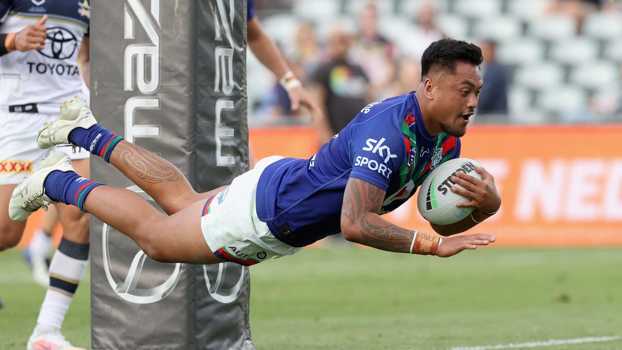 NRL BRONCOS COWBOYS, Reece Walsh of the Broncos kiss his jersey after  scoring a try during the NRL