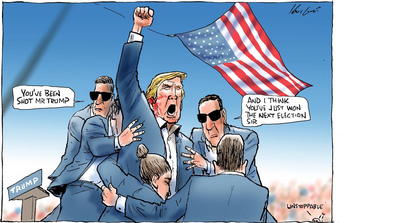 Mark Knight's cartoon of Donald Trump's campaign-defining reaction to the attempt on his life. Picture: Mark Knight