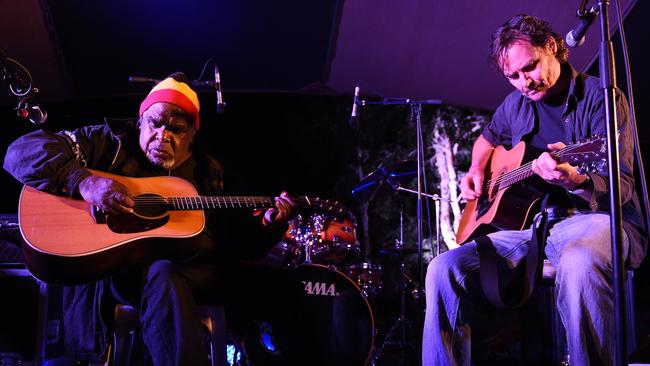 Sammy Butcher and Neil Murray from Warumpi Band perform at the 30th anniversary of Barunga Festival