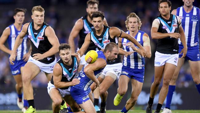 A rolling maul during the North Melbourne-Port Adelaide clash.