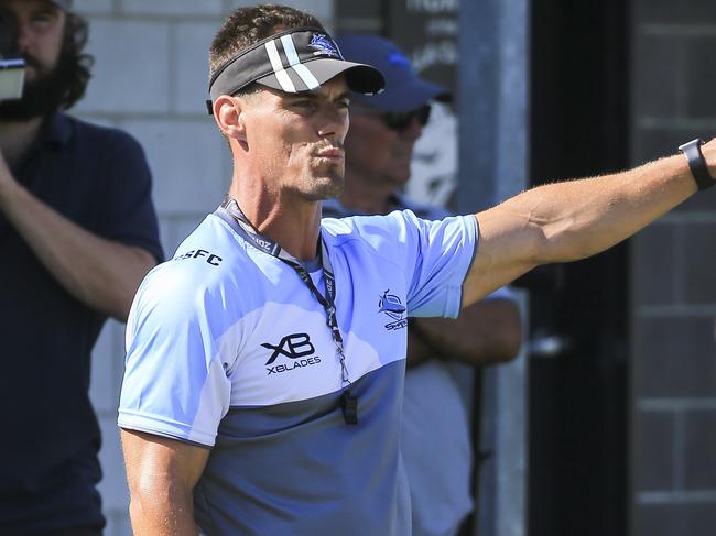 Cronulla Sharks coach John Morris at a whole club training session with 160 players from Harold Matthews to NRL at Cronulla High School fields. Picture: Dylan Robinson