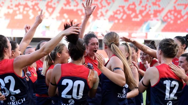 Melbourne players celebrate their win over Gold Coast. Picture: Getty Images