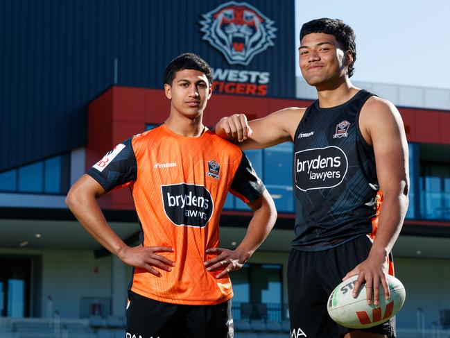 Wests Tigers rising stars Onitoni Large and Heamasi Makasini. Picture by Max Mason-Hubers