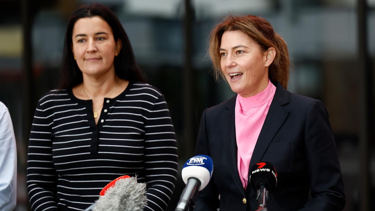 MELBOURNE, AUSTRALIA - AUGUST 20: Laura Kane, AFL Executive General Manager of Football (left) and Emma Moore, GM of AFLW speak with media during the 2024 AFLW Captains Day at Marvel Stadium on August 20, 2024 in Melbourne, Australia. (Photo by Michael Willson/AFL Photos via Getty Images)