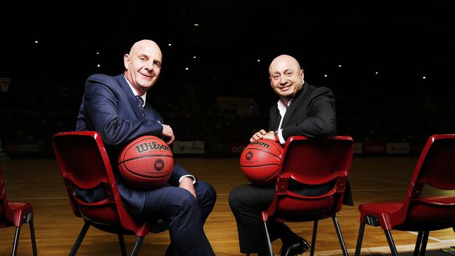 Tasmanian Premier Peter Gutwein and NBL owner and executive chairman Larry Kestelman. Picture: ZAK SIMMONDS