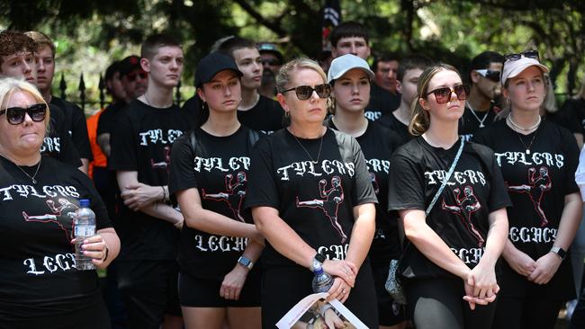 Family and friends of 17-year-old construction worker Tyler Whitton who died in a workplace accident, take part in a CFMEU union rally outside Parliament House in Brisbane last month. Picture: Dan Peled/NCA NewsWire