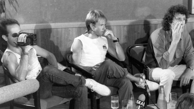 Jack Sonni (far left) at a press conference in Adelaide during the band’s record-breaking 1986 tour of Australia. Picture: Supplied