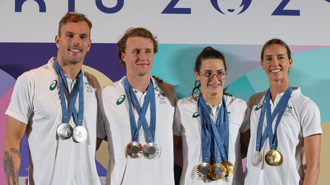 Kyle Chalmers, Elijah Winnington, Kaylee McKeown and Emma McKeon with their Olympic medals in Paris. Picture: Adam Head