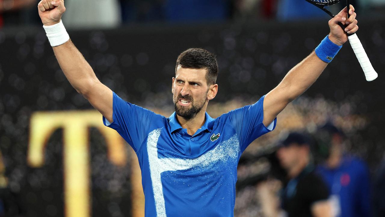 Djokovic celebrates after beating Carlos Alcarez in the early hours of the morning. Picture: Martin Keep/AFP