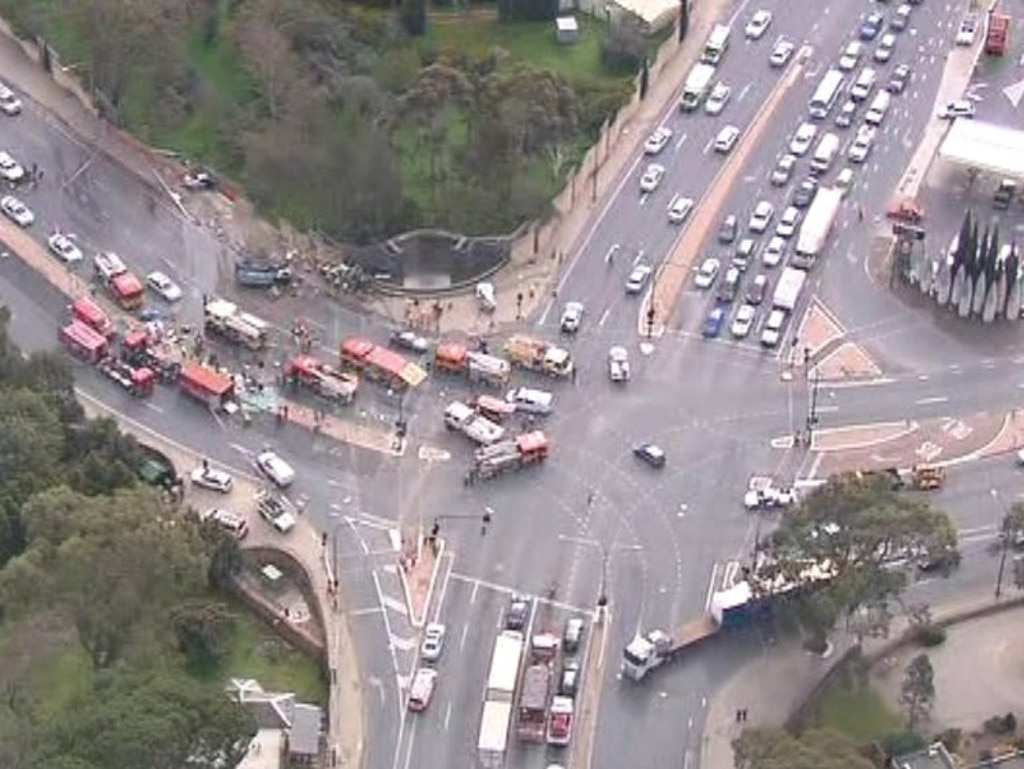 A aerial shot of the horror truck smash at the bottom of the freeway. Picture: Ten Eyewitness News chopper