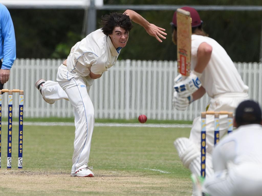 Second grade cricket between Gold Coast Dolphins and Wests at Bill Pippen Oval. Dolphins bowler Kaleb Auld. (Photo/Steve Holland)