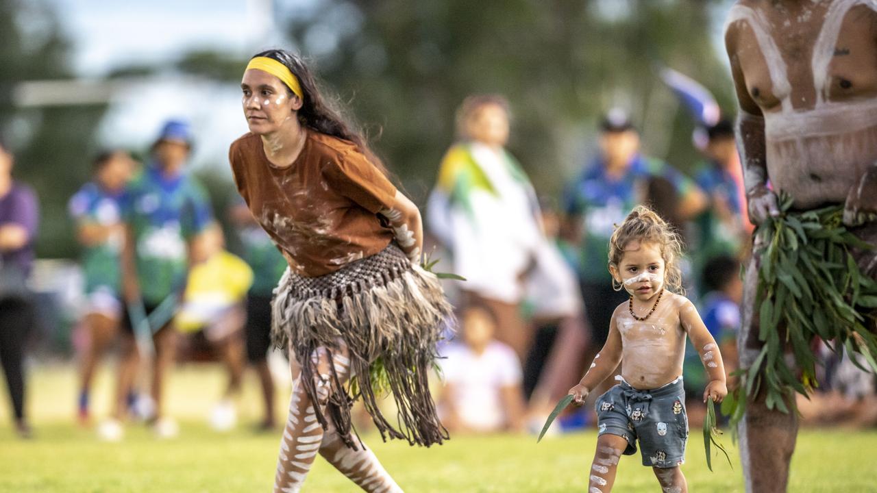 Yirrinj and Niyardu McCarthy take part in the smoking ceremony and dance by Murabirigururu Aboriginal Dancers. 2023 TRL Cultural Cup, SW Qld Emus vs Pacific Nations Toowoomba. Saturday, February 25, 2023. Picture: Nev Madsen.