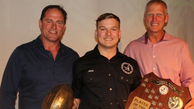 14/03/2023 - Jesse Wyngaards (centre) was the Magpies player of the year last season and is picture here with Maroons legends Billy Moore (left) and Gary Larson. Picture: supplied