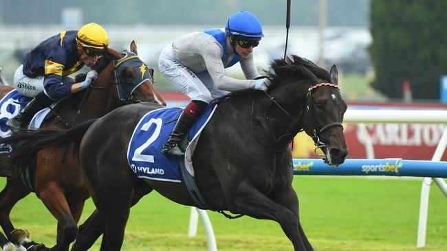 MELBOURNE, AUSTRALIA - FEBRUARY 08: Ben Melham riding Angel Capital winning Race 7, the Hyland Race Colours Autumn Stakes during Melbourne Racing at Caulfield Racecourse on February 08, 2025 in Melbourne, Australia. (Photo by Vince Caligiuri/Getty Images)