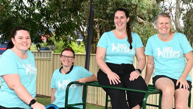 Mackay childcare workers Kellie Bettridge, Rachel Williams, Jaimie Schusser and Wendy Edwards are fighting for a 25 per cent wage increase as part of the Big Steps campaign. Picture: Michaela Harlow